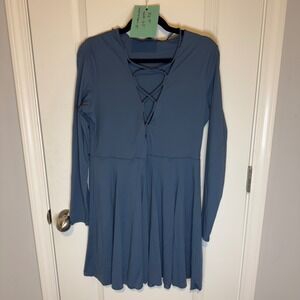 HALARA Long Sleeve Crisscross V Neck Athletic Mini Dress Blue XL